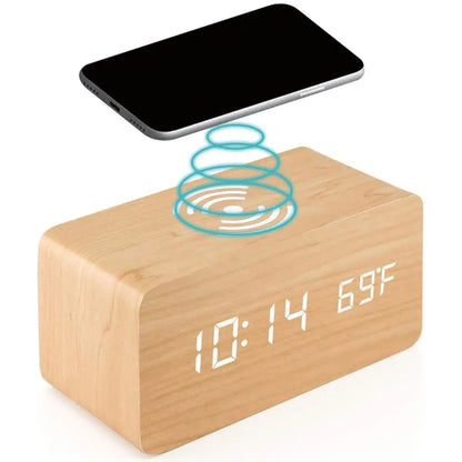Wooden Digital Alarm Clock 3 Alarms Led Display with Wireless Charging Electronic Alarm Clock For Bedroom Bedside Office