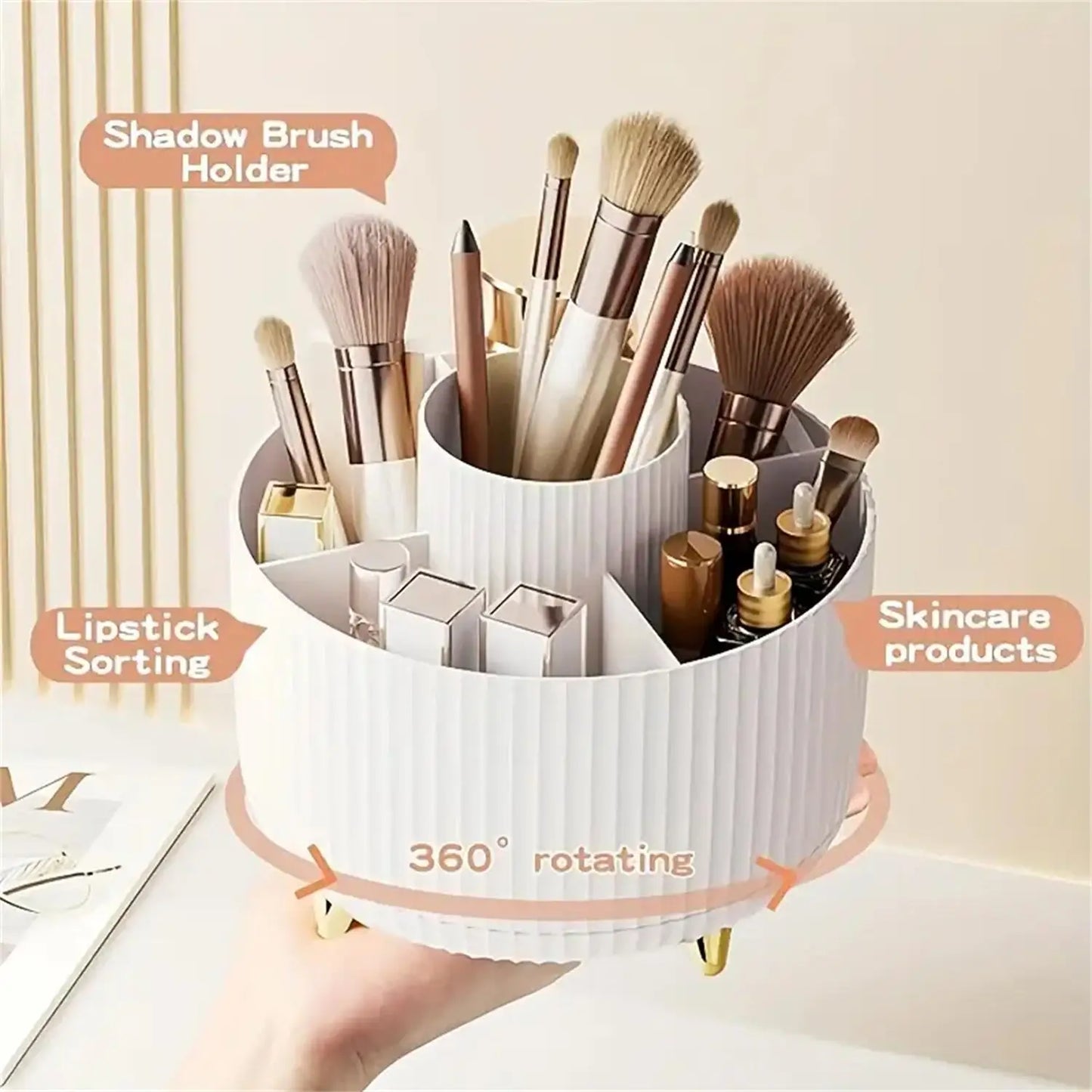 Aesthetic 360° Rotating Makeup Organizer — Vanity Storage for Brushes, Skincare & Beauty Essentials