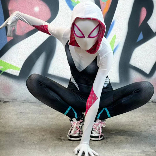 ✨ Into the Spider-Verse Cosplay Set – Miles Morales & Spider-Gwen Jumpsuit Halloween Costume for Adults