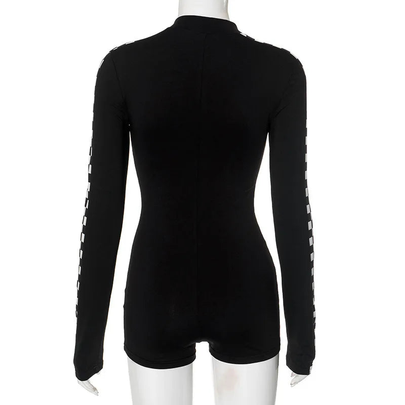 Redline Y2K Moto Jumpsuit – Zip-Up Bodycon Long Sleeve Romper